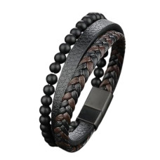 Black Leather Bracelet for Men & Boys – Magnetic Clasp Beaded Evil Eye Bracelet with Stainless Steel Black Leather Bracelet for Men & Boys – Magnetic Clasp Beaded Evil Eye Bracelet with Stainless Steel