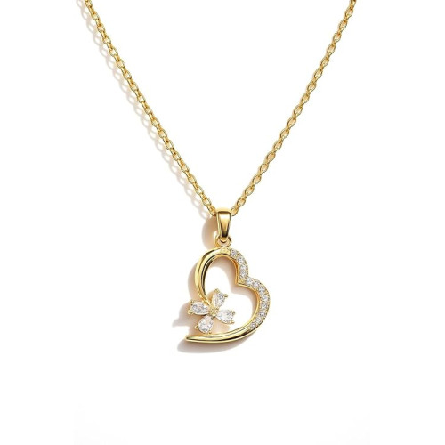 Gold Heart Pendant Necklace for Women & Girls – Butterfly AD Stone Love Charm Locket with Adjustable Chain