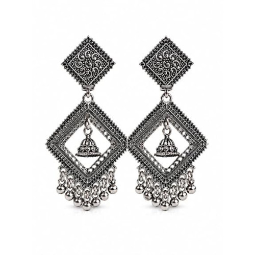 Chandbali Jhumka Earrings for Women – Long Geometric Oxidised Ghungroo Dangler Earrings