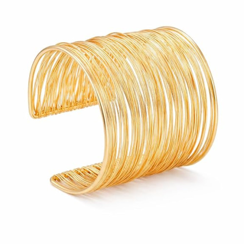 Gold-Plated Multi-Layer Wire Cuff Bracelet for Women & Girls – Wide Open Lightweight Statement Bangle
