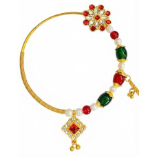 Traditional Pahadi Nath for Women – Handmade Himachali Nathni with Red & Green Beads, Kundan Floral Design & Side Chain