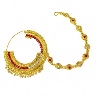 Pahadi Nath for Women – Gold-Toned Bridal Nose Ring with Red & White Stones and Side Chain