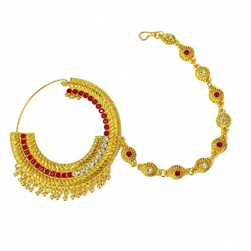 Pahadi Nath for Women – Gold-Toned Bridal Nose Ring with Red & White Stones and Side Chain