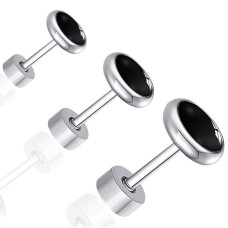Silver-Plated Stainless Steel Black Tone Stud Earrings for Boys & Men – Single Ear Studs Combo Set in Multiple Sizes