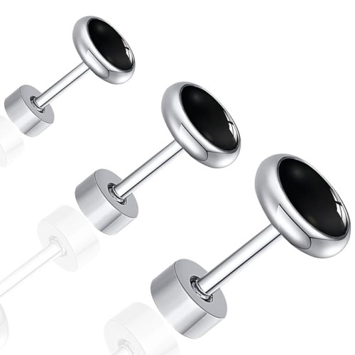 Silver-Plated Stainless Steel Black Tone Stud Earrings for Boys & Men – Single Ear Studs Combo Set in Multiple Sizes