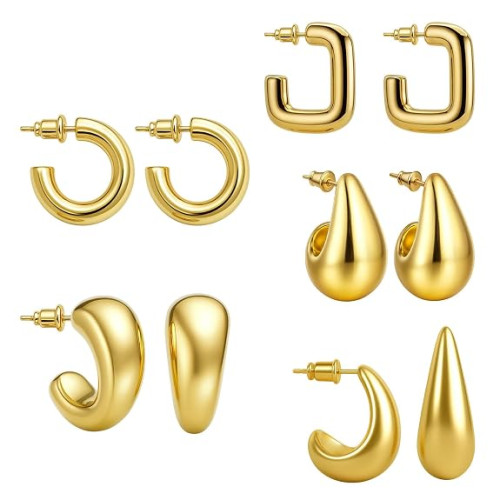 5 Pairs Trendy Hoop Huggie Earrings Set for Women & Girls – Hypoallergenic Chunky Open Hoop, Stud & Teardrop Earrings