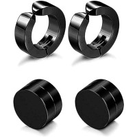 Magnetic Non-Piercing Earrings Set for Men – Black Round Clip-On Punk Style Stainless Steel Studs Combo Pack