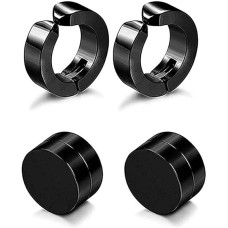 Magnetic Non-Piercing Earrings Set for Men – Black Round Clip-On Punk Style Stainless Steel Studs Combo Pack