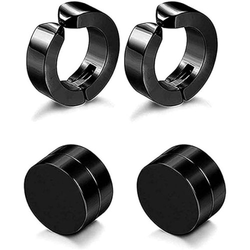 Magnetic Non-Piercing Earrings Set for Men – Black Round Clip-On Punk Style Stainless Steel Studs Combo Pack