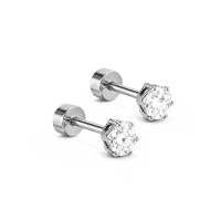 4mm 18K Silver-Plated Stainless Steel Stud Earrings for Men & Boys – White Stone Flat Back Screw Cartilage Earrings