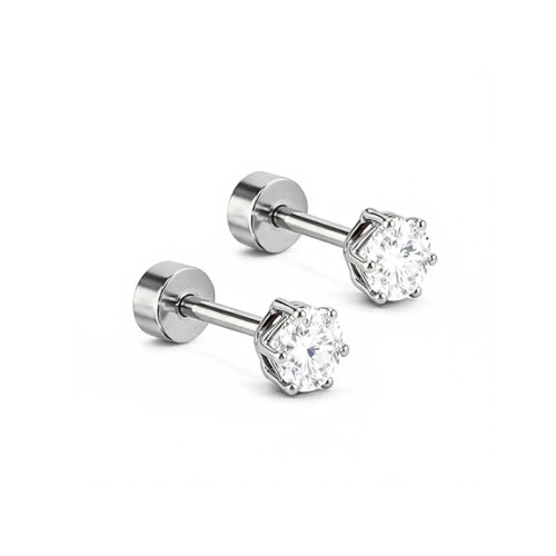 4mm 18K Silver-Plated Stainless Steel Stud Earrings for Men & Boys – White Stone Flat Back Screw Cartilage Earrings